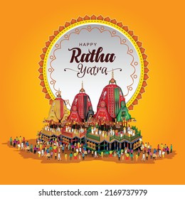 Festival indio Ratha Yatra de Lord Jagannath, Balabhadra y Subhadra sobre el carro con la gente. diseño de ilustración vectorial