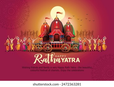 Festival indio Ratha Yatra de Lord Jagannath, Balabhadra y Subhadra en el carro con la gente. nuevo diseño de Ilustración vectorial abstracta