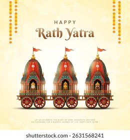 Indian festival Ratha Yatra of Lord Jagannath, Balabhadra and Subhadra on Chariot with people. new abstract vector illustration design.  Rath Yatra Lord Jagannath festival Holiday background.