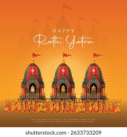 Indian festival Ratha Yatra of Lord Jagannath, Balabhadra and Subhadra on Chariot with people. new abstract vector illustration design.  Rath Yatra Lord Jagannath festival Holiday background.
