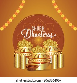 Indian festival shubh dhanteras background with gold coin pot