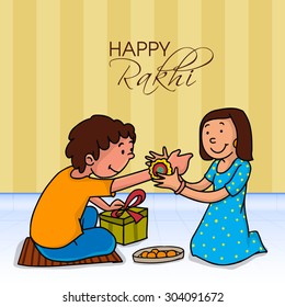 Indian festival of sister and brother concept with the illustration of a sister tying rakhi knot at her brother wrist with love.
