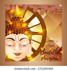 Indian festival with text Buddha Purnima means Buddha Purnima, illustration is showing Buddha glory face in meditation position with background of geometrical pattern in metallic texture & tree leaves