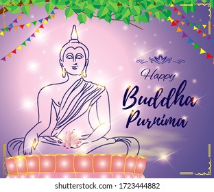 Indian festival with text Buddha Purnima means Buddha Purnima, illustration is showing Buddha seating on lotus and absorbed in meditation position under tree with background of  shiny beautiful night 