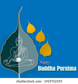 Indian festival with text Buddha Purnima means Buddha Purnima, illustration is showing Buddha seating on lotus and absorbed in meditation position under tree with background of  shiny beautiful night