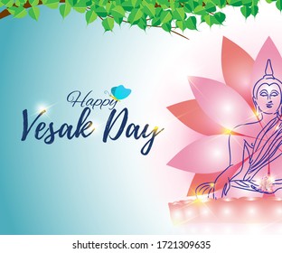Indian festival with text Vesak Day means Vesak Day, illustration is showing Buddha seating on lotus and absorbed in meditation position with  beautiful abstract background & geometrical pattern 