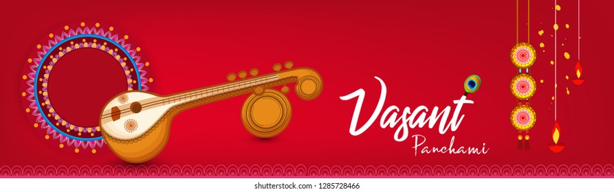 Indian festival Vasant Panchami celebration vector illustration with decorated veena , kite and traditional lamp and decoration on floral rangoli background.website header vector illustration