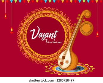 Indian festival Vasant Panchami celebration vector illustration with decorated veena , kite and traditional lamp and decoration on floral rangoli background.website header vector illustration