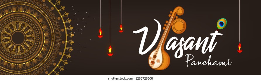 Indian festival Vasant Panchami celebration vector illustration with decorated veena , kite and traditional lamp and decoration on floral rangoli background.website header vector illustration