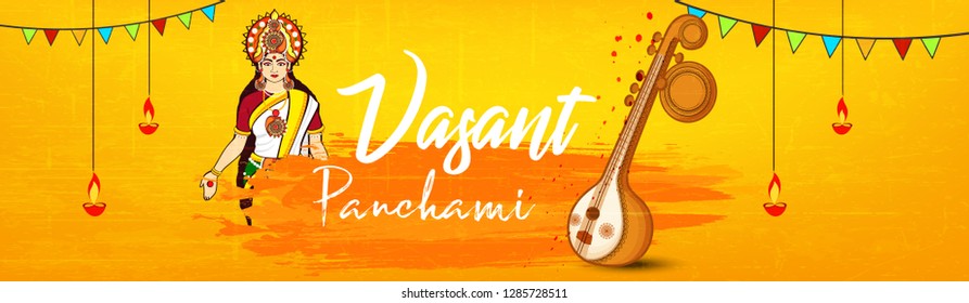 Indian festival Vasant Panchami celebration vector illustration with decorated veena , kite and traditional lamp and decoration on floral rangoli background.website header vector illustration
