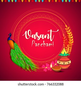 Indian festival Vasant Panchami celebration vector illustration background with floral rangoli and peacock and pot and traditional diya