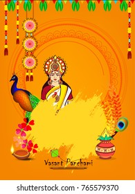 Indian festival Vasant Panchami vector illustration background with Goddess / Maa saraswati 