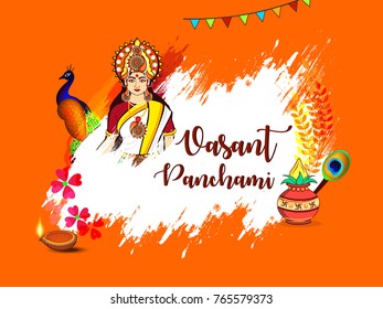 Indian festival Vasant Panchami vector illustration with Goddess / Maa Saraswati  on background with brush strokes and peacock with traditional lamp.