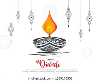 Indian festival vector illustration for banners, posters and background with creative line art decorated floral diya background of indian festival for diwali celebration.