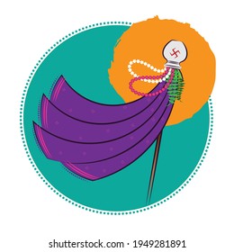 Indian Festival Vector Illustration of Gudi Padwa Ugadi; Chaitra Shuddha Pratipada 1st day of Hindu lunisolar calendar year; Gudhi Flag decorated with flower Garland, mango, neem leaves, metal vessel.