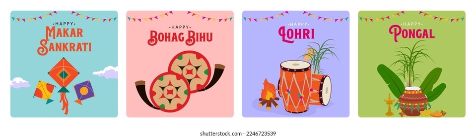 Indian festivals Makar Sankranti, Lohri, Pongal, and Bohag Bihu editable vector illustration social media posts and banners