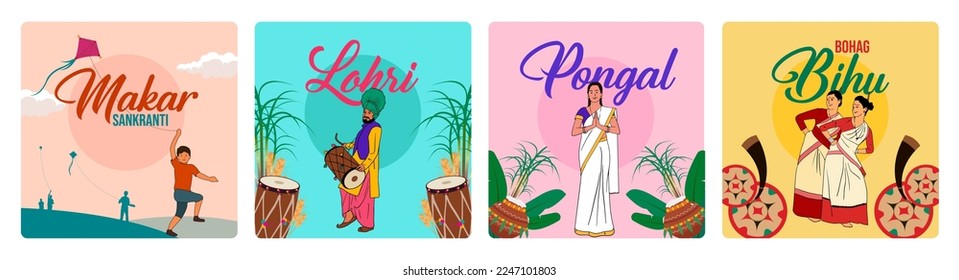 Indian festivals Makar Sankranti, Lohri, Pongal, and Bohag Bihu editable vector illustration social media posts and banners