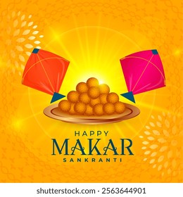 indian festive makar sankranti background with kites and laddoo design vector
