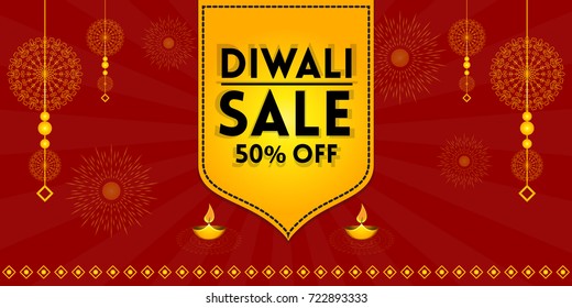 Indian festive sale vector illustration for banners, posters and background with creative traditional elements. (Translation: Happy Diwali)