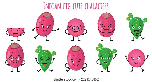 Indian fig fruit cute funny cheerful characters with different poses and emotions. Natural vitamin antioxidant detox food collection. Vector cartoon isolated illustration. Children concept.