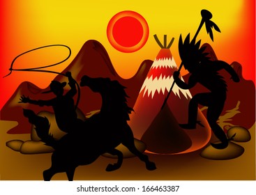 Indian fighting cowboy. Vector