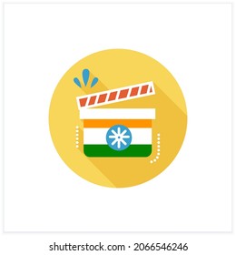 Indian film flat icon. Traditional indian cinematography. Bollywood. Shadow clapper board. Indian heritage. Esthetics, traditions and customs of India. Color vector illustration