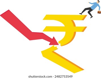 Crisis financiera india. crisis de la moneda rupia. Crisis de política monetaria. Depresión económica india. Un hombre de negocios trata de apuntalar un símbolo de rupia que cae. Ilustración vectorial sobre un fondo blanco