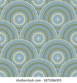 Indian fish scale batik print vector seamless pattern. Folk motifs geo repeating scallops. Eastern asian ethnic round medallion circles seamless geometric pattern.