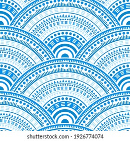 Indian fish scale carpet design vector seamless pattern. Ethnic motifs modern repeating scallops. Eastern asian folk circle mandala elements seamless geometric pattern.