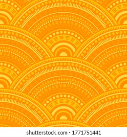 Indian fish scale tile design vector seamless pattern. Folk motifs geo repeating illustration. Eastern asian folk mandala shapes seamless geometric motifs pattern.