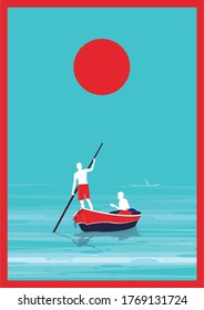 indian fisherman with boat adventure poster design