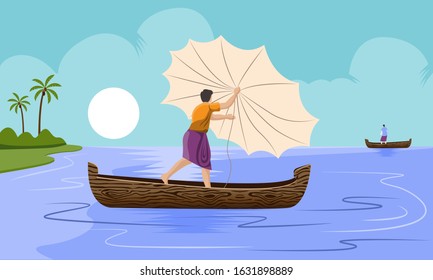 indian fisherman throwing net in sea vector illustration