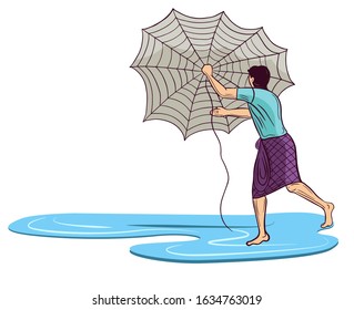 indian fisherman throwing net in water vector illustration