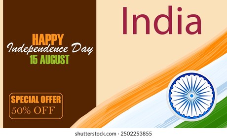 Indian flag with Ashoka Chakra
Brown background on the left
Patriotic colors and special discount highlighting a 50% discount