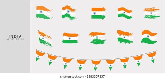 Indian flag. Brushed stroke graphic design. Collection of flags of India.