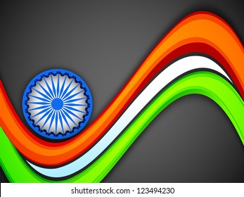 Indian flag color creative wave background with 3D Asoka wheel. EPS 10.