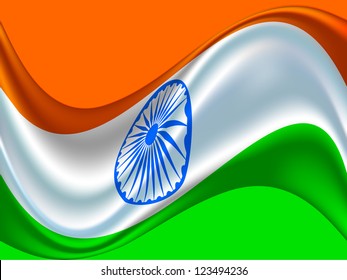 Indian flag color creative wave background with 3D Asoka wheel. EPS 10.
