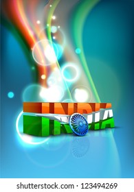 Color de la bandera india fondo de onda creativa con 3D Asoka rueda y texto India. EPS 10.