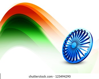 Indian flag color creative wave background with 3D Asoka wheel. EPS 10.