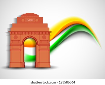 Indian flag color creative wave background with India Gate monument. EPS 10.