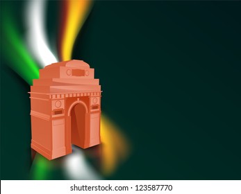 Indian flag color creative wave background with India Gate. EPS 10.