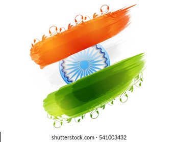 Indian Flag Colors brush strokes with Ashoka Wheel, Creative Poster, Banner design for Republic Day celebration.