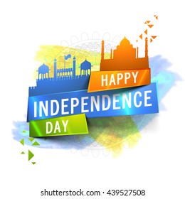 Indian Flag colour, Glossy Paper Tag with illustration of Red Fort and Taj Mahal on abstract background for Happy Independence Day celebration.