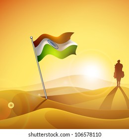 Bandeira Indiana no deserto no fundo da noite com silhueta de soldado . EPS 10.