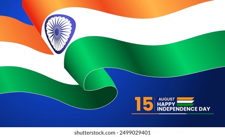 Indian flag as a flowing ribbon with 15 AUGUST and HAPPY INDEPENDENCE DAY text on a blue background Festive and patriotic design






