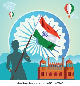Indian Flag Flying with boy behind the Red Fort Republic day, Independence Day