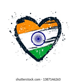 Indian flag in the form of a big heart. Vector illustration on white background. Brush strokes drawn by hand. Independence Day of India.