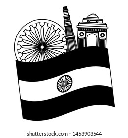 indian flag with gateway mosque and ashoka chakra vector illustration design
