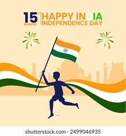 The Indian flag held by a running child is in the center The text 15th AUGUST and HAPPY INDIA INDEPENDENCE DAY appears above Fireworks on either side add festivity, with silhouettes of landmarks