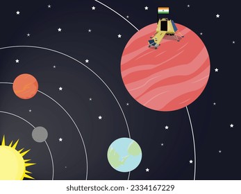 Indian Flag Hoisted on Mars with Lander Illustration - Mangalyaan, Mars Orbiter Mission Indian Concept with Solar System in Background